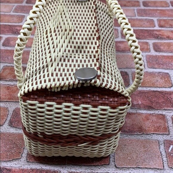 Elegant Cream and Brown Woven Tote with Curved Handles - Picture 7 of 11